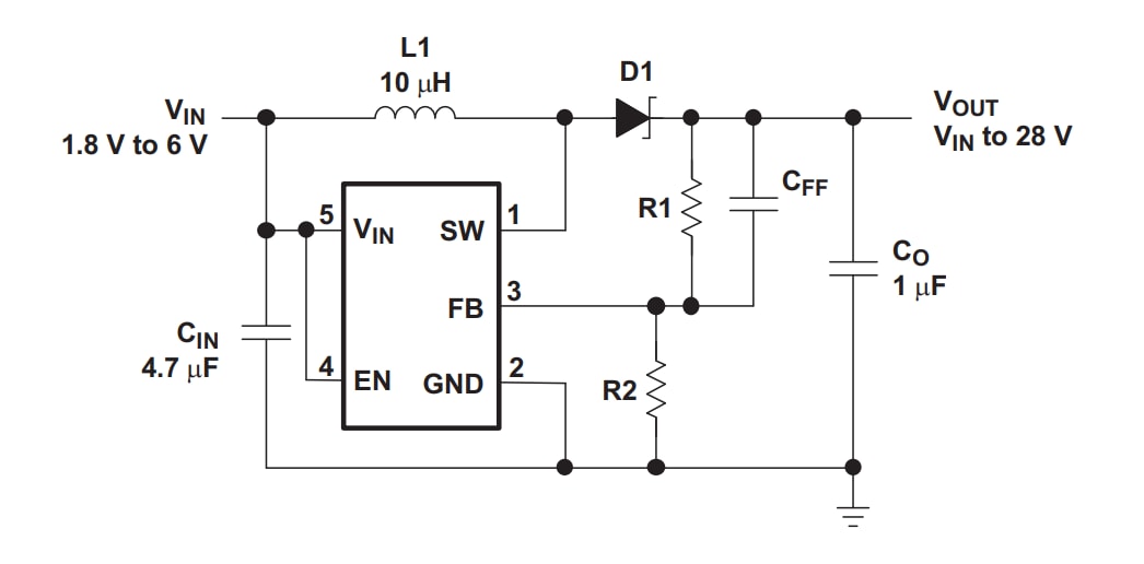Applikations-Schaltungsdiagramm - Texas Instruments TPS6104x-Q1 Hochfrequenz-Aufwärtswandler